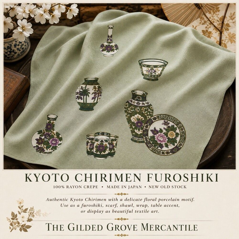 Vintage Japanese Kyoto Chirimen Furoshiki Scarf Wrap Rayon Crepe Kutani NEW NOS